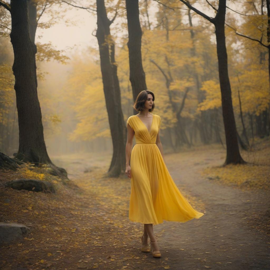  analog film photo Photo in warm colors, film, a girl in a simple yellow dress walks among the trees, short hair. . faded film, desaturated, 35mm photo, grainy, vignette, vintage, Kodachrome, Lomography, stained, highly detailed, found footage hyperrealistic, full body, detailed clothing, highly detailed, cinematic lighting, stunningly beautiful, intricate, sharp focus, f/1. 8, 85mm, (centered image composition), (professionally color graded), ((bright soft diffused light)), volumetric fog, trending on instagram, trending on tumblr, HDR 4K, 8K