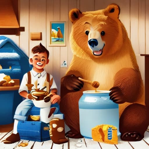  a boy with short hair and white shirt with blue jeans is standing, and a brown bear is sitting and eating honey, in the cabin