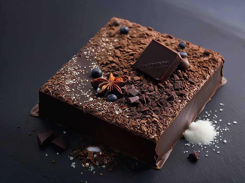  An ultradetailed closeup image of a luxurious, shiny dark chocolate keto bar sprinkled with flakes of sea salt, resting on a sleek, matte black surface. The chocolate bar is perfectly segmented into bitesized squares, each displaying a rich, velvety texture that glistens under a soft, focused light. The sea salt flakes atop the chocolate catch the light, adding a touch of sophistication and contrast to the elegant, minimalistic composition. This image conveys a sense of indulgence and satisfaction, inviting the viewer to savor the exquisite flavors of keto chocolate. hyperrealistic, full body, detailed clothing, highly detailed, cinematic lighting, stunningly beautiful, intricate, sharp focus, f/1. 8, 85mm, (centered image composition), (professionally color graded), ((bright soft diffused light)), volumetric fog, trending on instagram, trending on tumblr, HDR 4K, 8K