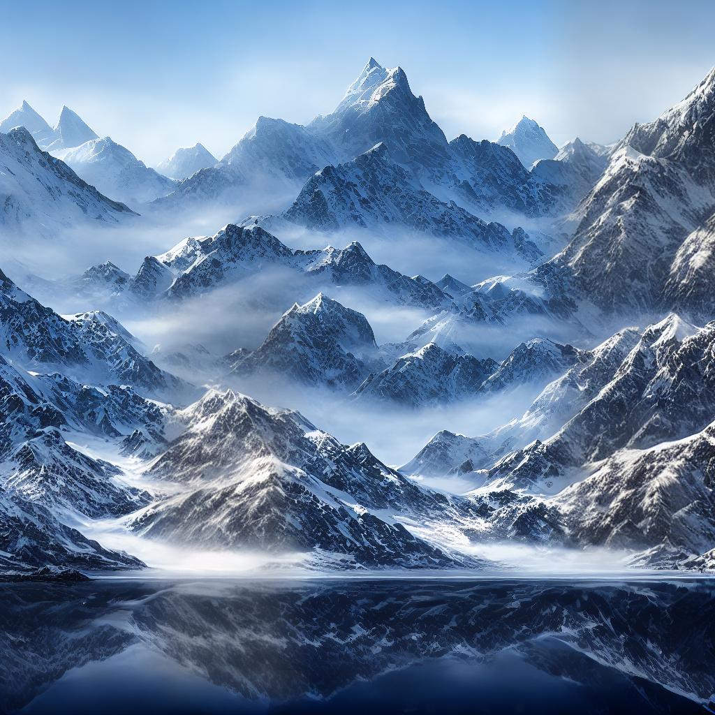  ((masterpiece)),(((best quality))), 8k, high detailed, ultra-detailed. A serene landscape painting depicting a majestic mountain peak. The elements include a towering mountain ((covered in snow)), surrounded by a peaceful forest, (a tranquil lake reflecting the mountain), with a clear blue sky and fluffy white clouds above. hyperrealistic, full body, detailed clothing, highly detailed, cinematic lighting, stunningly beautiful, intricate, sharp focus, f/1. 8, 85mm, (centered image composition), (professionally color graded), ((bright soft diffused light)), volumetric fog, trending on instagram, trending on tumblr, HDR 4K, 8K