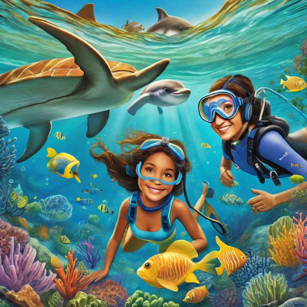  "A young and their mother, both sporting snorkeling gear, exploring an underwater world around a tropical island. Encountering a variety of cute and friendly aquatic animals such as colorful fishes, a dolphin, a shy turtle, and a curious octopus. The pair, their eyes wide with wonder and awe, are immersed in their serene, blue-hued underwater adventure."((masterpiece)), best quality, very detailed, high resolution, sharp, sharp image, extremely detailed, 4k, 8k, fairytale hyperrealistic, full body, detailed clothing, highly detailed, cinematic lighting, stunningly beautiful, intricate, sharp focus, f/1. 8, 85mm, (centered image composition), (professionally color graded), ((bright soft diffused light)), volumetric fog, trending on instagram, trending on tumblr, HDR 4K, 8K