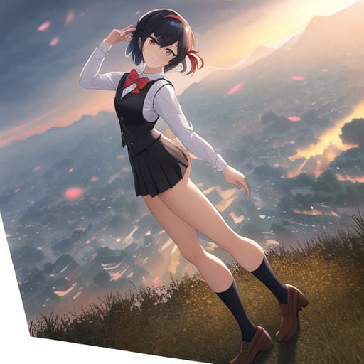  shinkai makoto, kimi no na wa, full full body shot, action pose, epic pose,Dynamic pose, Posing when taking pictures, japan travel, japanese shrine, sight, 1,short black hair, no gles,, masterpiece,highly detailed,ultra detailed, landscape, scenery,horizon, bangs, blush, bow, bowtie, brown eyes, cloud, collared shirt, hair ribbon, hairband, looking at viewer, negative space, outdoors, red bow, red bowtie, red hairband, red ribbon, ribbon, uniform, shirt, sky, smile, solo, sweater vest, vest, white shirt, yellow sweater vest, yellow vest ,, random text 10 hyperrealistic, full body, detailed clothing, highly detailed, cinematic lighting, stunningly beautiful, intricate, sharp focus, f/1. 8, 85mm, (centered image composition), (professionally color graded), ((bright soft diffused light)), volumetric fog, trending on instagram, trending on tumblr, HDR 4K, 8K