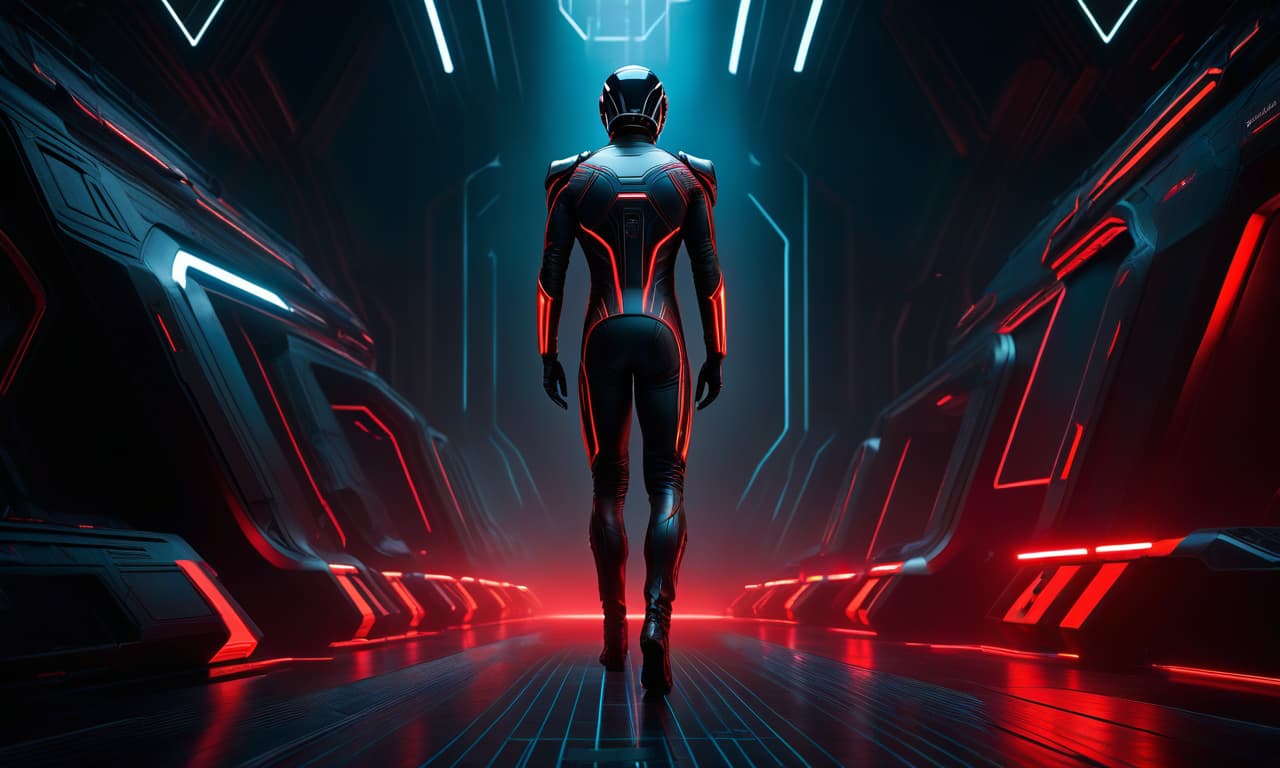  TRON Black and Red concept.Dark science fiction.abstract. concept art. cinematic. ultra realism. abstract. art. . science fiction. 3D, oil painted. Epic. high detail. perfect lighting. perfect contrast. perfect composition.concept art. dark atmosphere. 85mm. Super PanaVision 70 hyperrealistic, full body, detailed clothing, highly detailed, cinematic lighting, stunningly beautiful, intricate, sharp focus, f/1. 8, 85mm, (centered image composition), (professionally color graded), ((bright soft diffused light)), volumetric fog, trending on instagram, trending on tumblr, HDR 4K, 8K