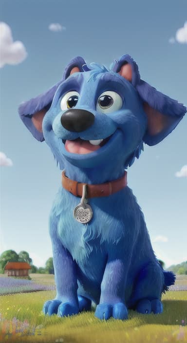  {A happy, big blue dog wagging its tail in a colorful meadow, The big blue dog is large with sky blue fur, big round eyes, a black nose, and floppy ears.