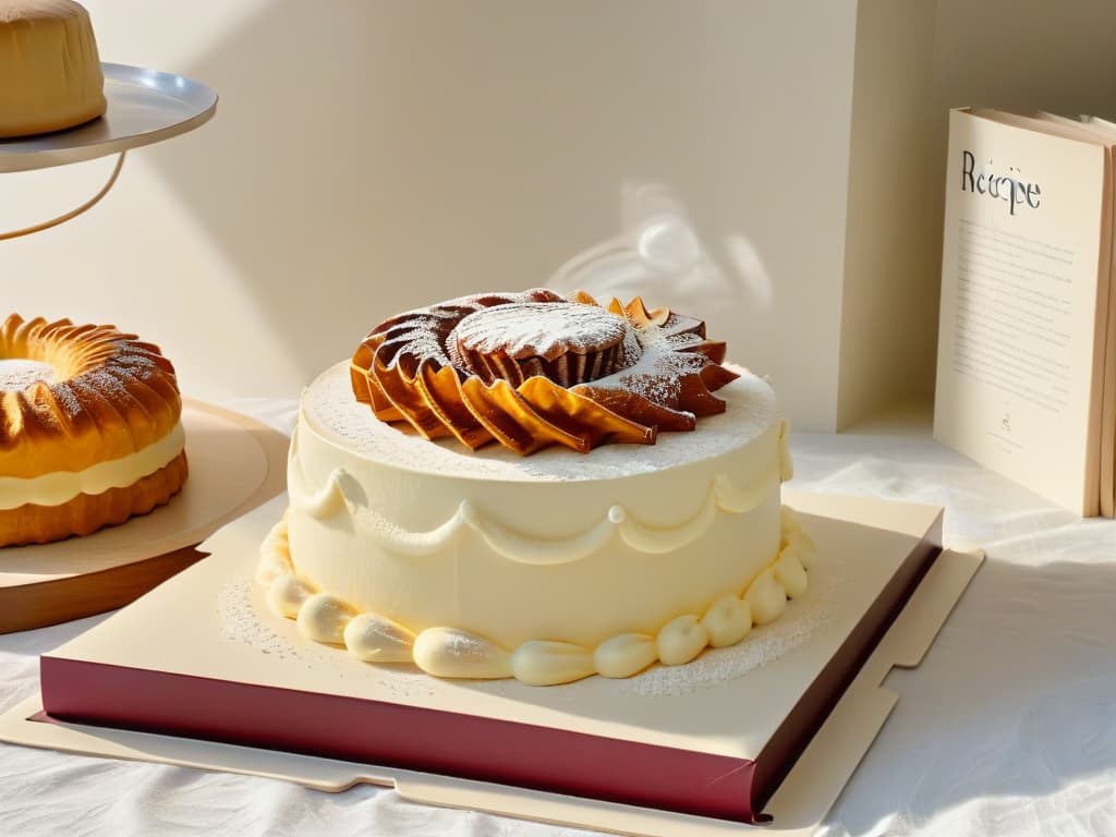  An ultradetailed image of a sleek, futuristic augmented reality headset hovering above a vintage, ornate baking book filled with intricate pastry recipes. The headset glows softly with digital overlays of baking tools and ingredients, seamlessly blending the traditional and modern methods of pastrymaking. The background is a serene, minimalist kitchen with soft lighting, enhancing the contrast between the classic and contemporary elements. hyperrealistic, full body, detailed clothing, highly detailed, cinematic lighting, stunningly beautiful, intricate, sharp focus, f/1. 8, 85mm, (centered image composition), (professionally color graded), ((bright soft diffused light)), volumetric fog, trending on instagram, trending on tumblr, HDR 4K, 8K