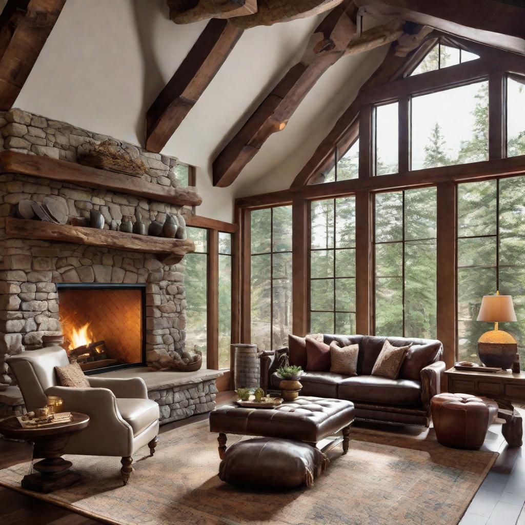   Design a cozy den with exposed wooden beams, a stone fireplace, and leather armchairs for a refined yet rustic feel. 8k, cinematic lighting, HDR