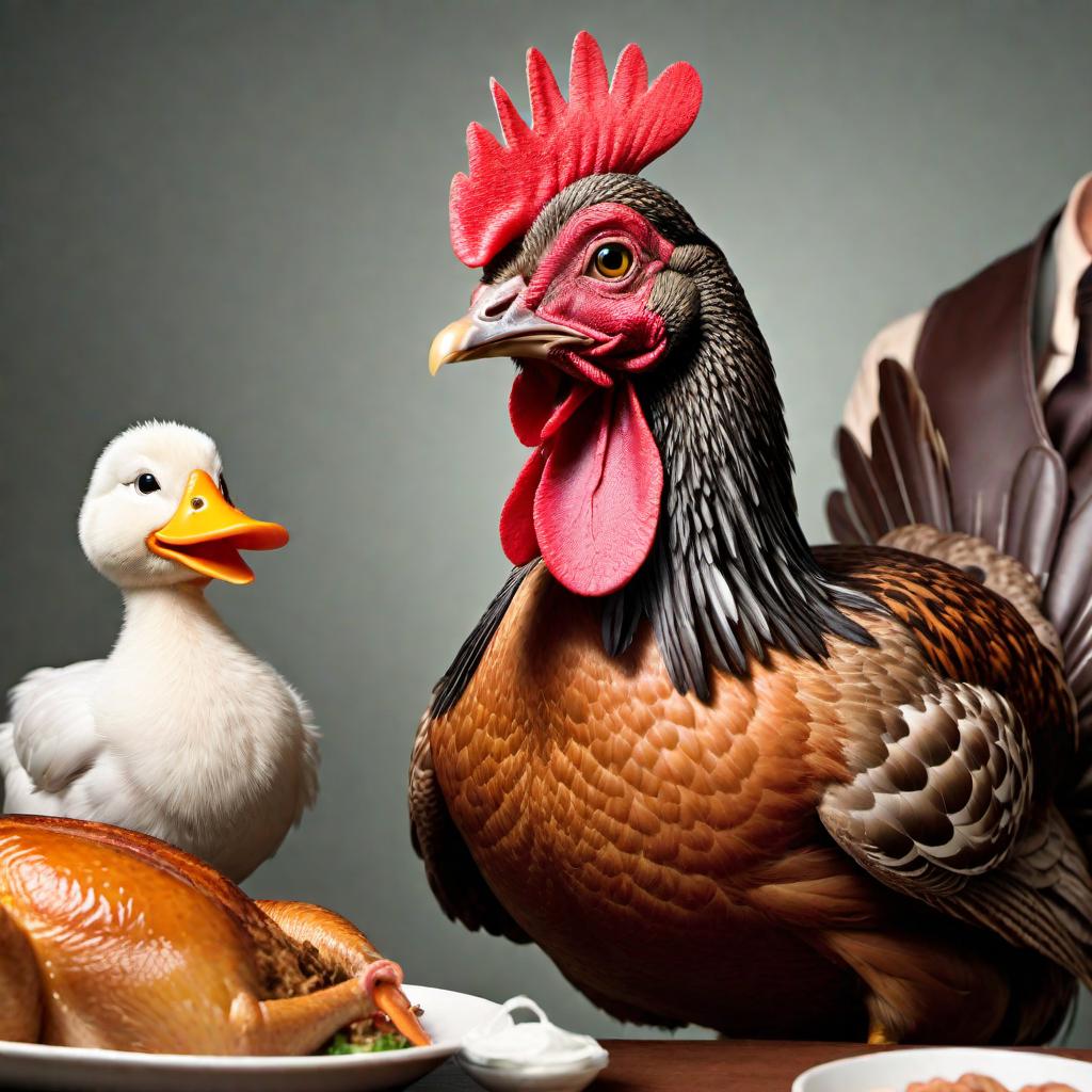  a funny meme featuring a cartoon turkey, duck, and chicken, sitting together looking shocked and scared, with the text: 'That moment when you realize you're not just friends, you're ingredients. #Turducken' hyperrealistic, full body, detailed clothing, highly detailed, cinematic lighting, stunningly beautiful, intricate, sharp focus, f/1. 8, 85mm, (centered image composition), (professionally color graded), ((bright soft diffused light)), volumetric fog, trending on instagram, trending on tumblr, HDR 4K, 8K