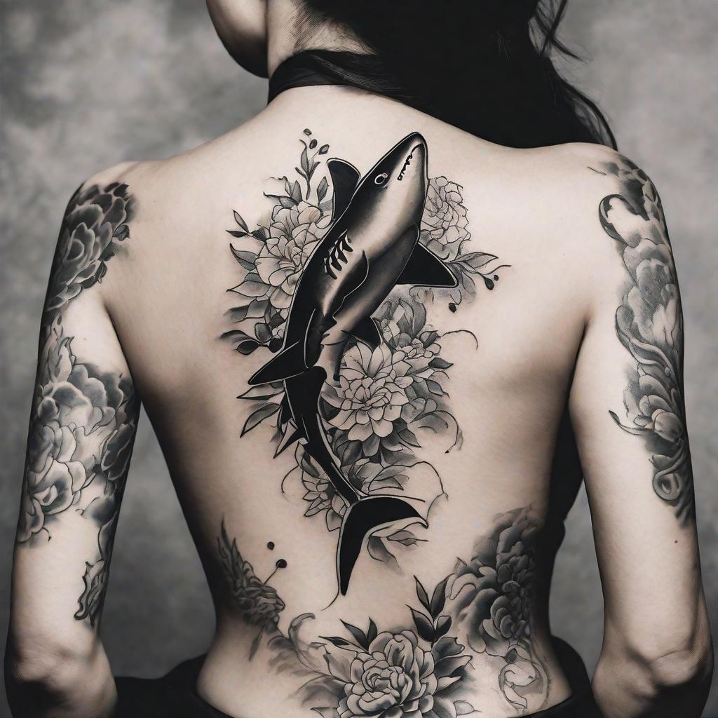  masterpiece, best quality, A detailed close-up of a woman's back with a feminine black ink tattoo. The tattoo features an intricately designed shark intertwined with delicate flowers. The contrast between the boldness of the shark and the softness of the flowers creates a visually striking image. The environment is a dimly lit room, with soft light falling on the tattoo, emphasizing its details. The mood is mysterious and captivating, evoking a sense of intrigue. The style is a fusion of Chinese ink and watercolor techniques, giving the tattoo a dynamic and fluid appearance. The realization is a high-resolution photograph taken with a macro lens, capturing every intricate detail of the tattoo.