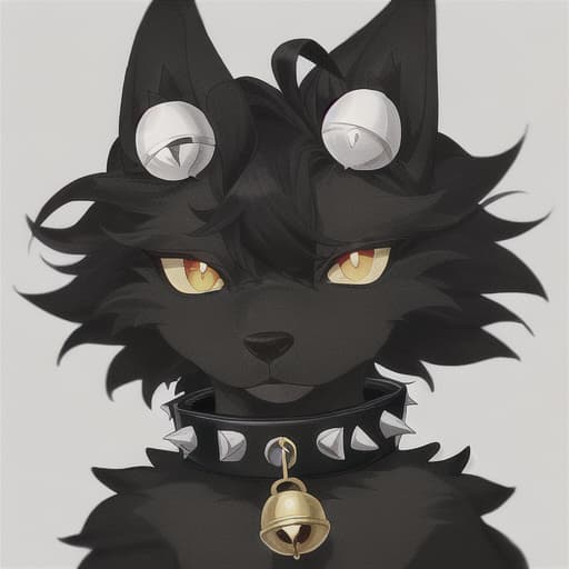 a furry with just black fur, 4 eyes, red pupils and yellow eyes, big ears and a spiked collar with a white bell in the collar