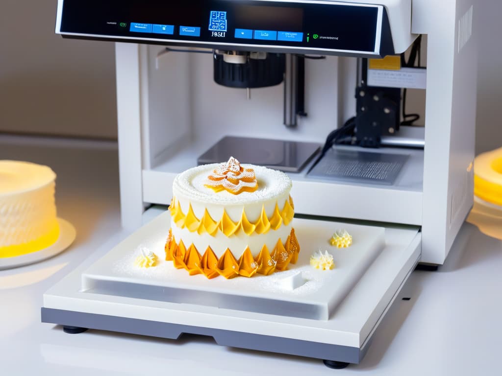  A highresolution image of a sleek, modern 3D printer creating intricate and delicate sugar sculptures for pastries and desserts. The machine is surrounded by a soft, warm light, showcasing the precision and creativity of using innovative materials in 3D printing for pastry decoration. The background is a clean, minimalist kitchen setting, emphasizing the fusion of technology and culinary art in the world of innovative 3D printing for pastry. hyperrealistic, full body, detailed clothing, highly detailed, cinematic lighting, stunningly beautiful, intricate, sharp focus, f/1. 8, 85mm, (centered image composition), (professionally color graded), ((bright soft diffused light)), volumetric fog, trending on instagram, trending on tumblr, HDR 4K, 8K