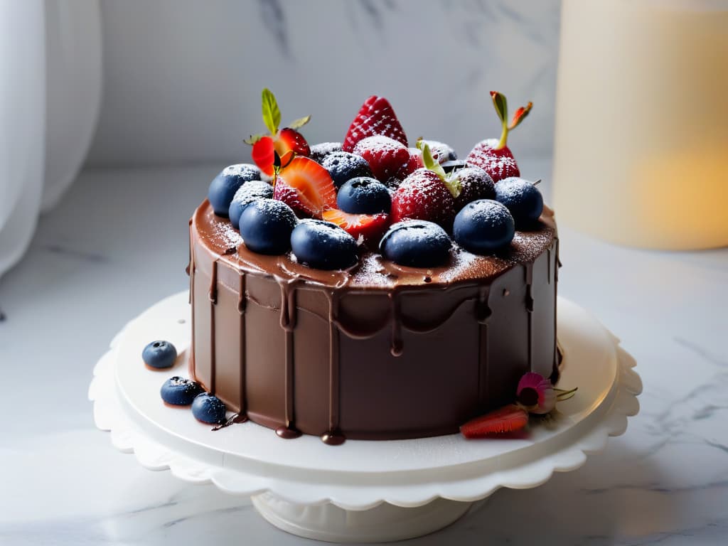  An image of a decadent vegan chocolate cake with rich, glossy ganache dripping down the sides, topped with fresh berries and edible flowers. The cake is displayed on a sleek marble cake stand, set against a soft, blurred background that enhances the vibrant colors of the dessert. The lighting is soft and natural, showcasing every detail of the cake, from the intricate decorations to the moist crumb texture. This photorealistic image captures the indulgent and sophisticated nature of vegan sweet treats, appealing to the audience's desire for luxurious yet ethical dessert options. hyperrealistic, full body, detailed clothing, highly detailed, cinematic lighting, stunningly beautiful, intricate, sharp focus, f/1. 8, 85mm, (centered image composition), (professionally color graded), ((bright soft diffused light)), volumetric fog, trending on instagram, trending on tumblr, HDR 4K, 8K