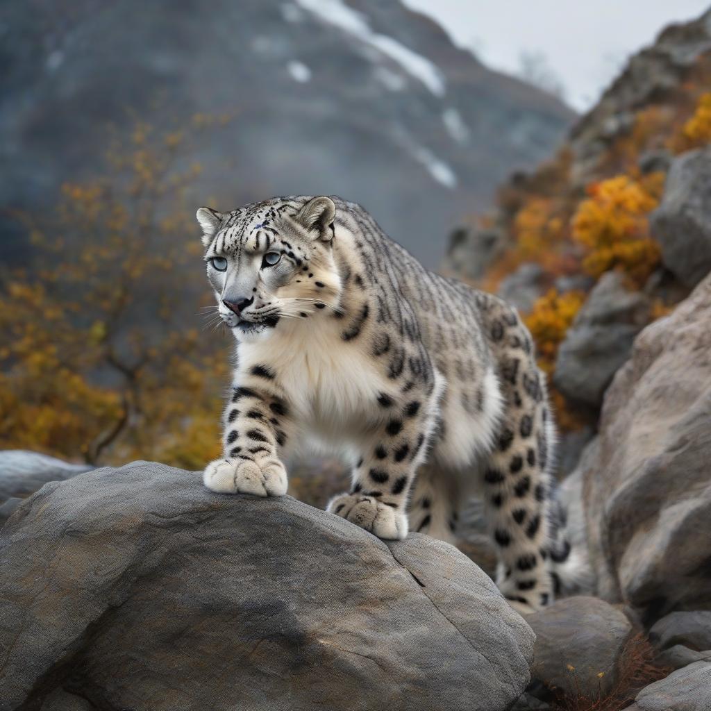  A snow leopard on the rocks with climbers. hyperrealistic, full body, detailed clothing, highly detailed, cinematic lighting, stunningly beautiful, intricate, sharp focus, f/1. 8, 85mm, (centered image composition), (professionally color graded), ((bright soft diffused light)), volumetric fog, trending on instagram, trending on tumblr, HDR 4K, 8K