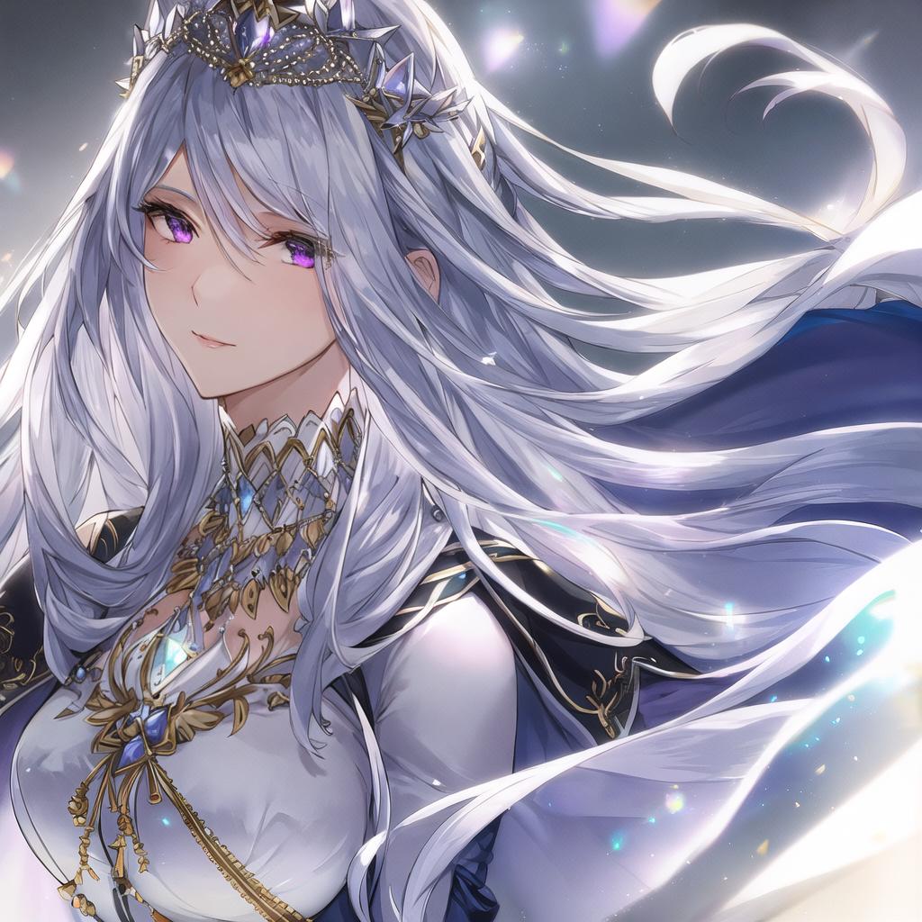  portrait, masterpiece, best quality, high res, (solo:1.5), 1female, fairly white skin, long blue silver hair, purple eyes, queen tiara, queen, silk cloths, necklace, beautiful, soothing expression, front shot, illustration, high res, good detailed hyperrealistic, full body, detailed clothing, highly detailed, cinematic lighting, stunningly beautiful, intricate, sharp focus, f/1. 8, 85mm, (centered image composition), (professionally color graded), ((bright soft diffused light)), volumetric fog, trending on instagram, trending on tumblr, HDR 4K, 8K