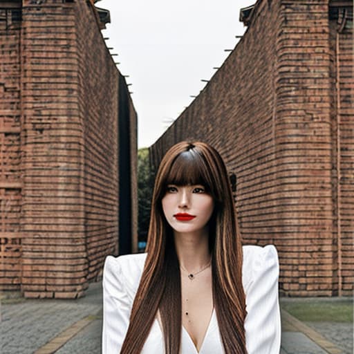 modelshoot style 1girl, solo, long hair, lips, necklace, bangs, jewelry, realistic, closed mouth, upper body, outdoors, brick wall hyperrealistic, full body, detailed clothing, highly detailed, cinematic lighting, stunningly beautiful, intricate, sharp focus, f/1. 8, 85mm, (centered image composition), (professionally color graded), ((bright soft diffused light)), volumetric fog, trending on instagram, trending on tumblr, HDR 4K, 8K