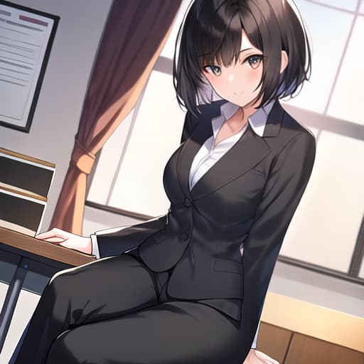  masterpiece, best quality, 1 , solo, large s, short hair, black hair, black cute eyes, office staff suit, pencil , under black , (show off :1.1), embarred, , sitting, office, , show off , grabbing own s , skinny, {slim }, thron , gles