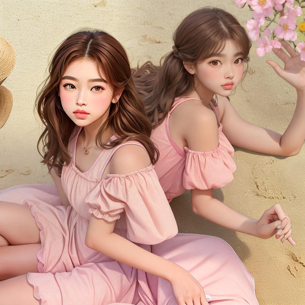  masterpiece, best quality, goddess,medium tan, female, small eyes, amber eyes, big pout lips, medium brown hair, big cheeks, beach, summer, pink flowy dress