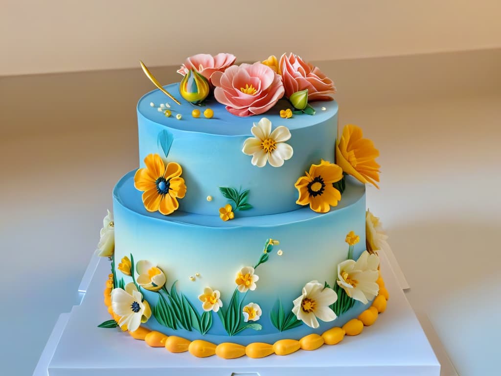  A photorealistic image showcasing an intricate threetiered cake decorated with delicate sugar flowers in vibrant colors, intricate piping details, and shimmering gold accents. The background features a soft focus on a beautifully decorated pastry kitchen with elegant tools and ingredients neatly arranged, creating a luxurious and inspiring ambiance for advanced gourmet pastry decoration techniques. hyperrealistic, full body, detailed clothing, highly detailed, cinematic lighting, stunningly beautiful, intricate, sharp focus, f/1. 8, 85mm, (centered image composition), (professionally color graded), ((bright soft diffused light)), volumetric fog, trending on instagram, trending on tumblr, HDR 4K, 8K