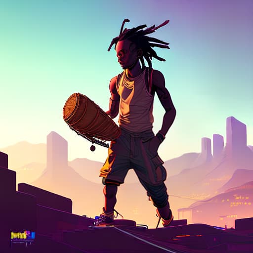 nvinkpunk African American boy with short cropped dreads playing bongos in a village, highly detailed, sharp focus, art by Artgerm and Greg Rutkowski and WLOP
