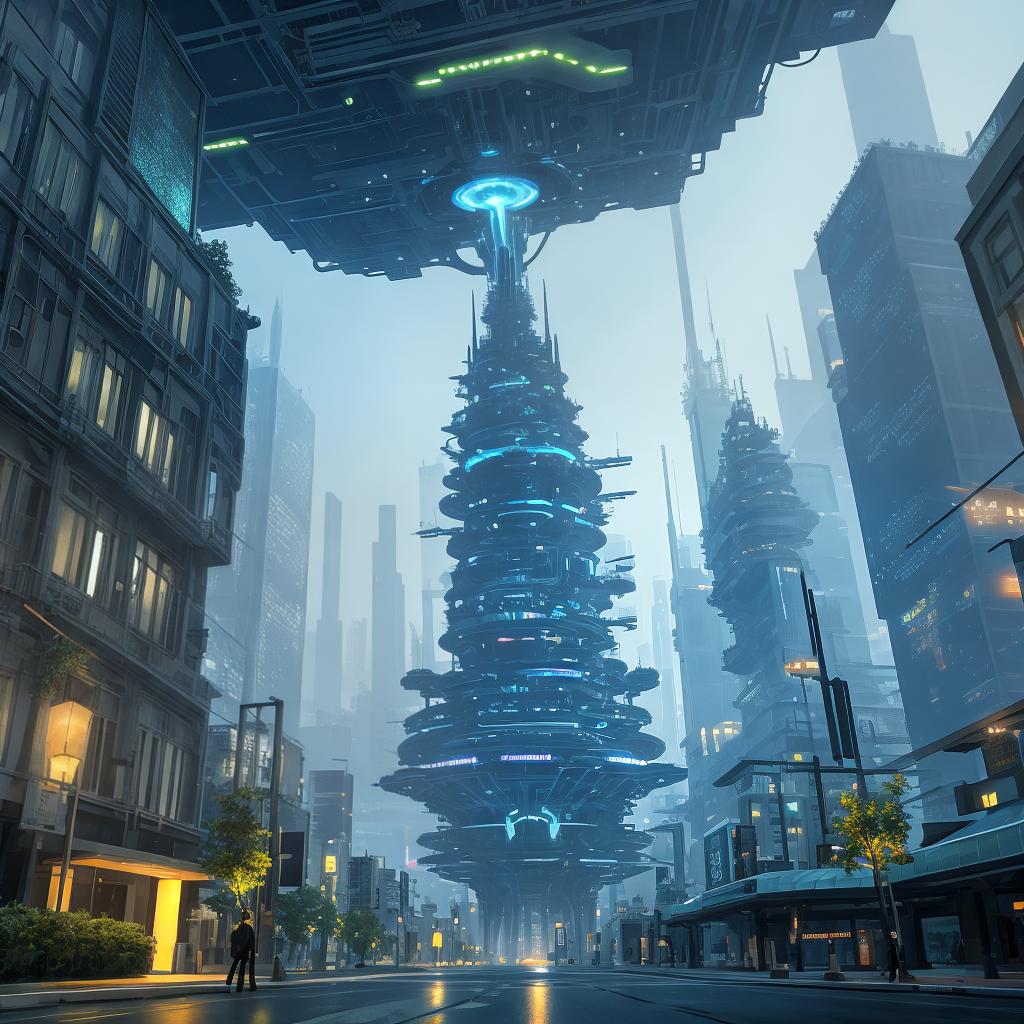  with surrealistic elements, A futuristic cityscape with floating, bioluminescent trees and flying cars