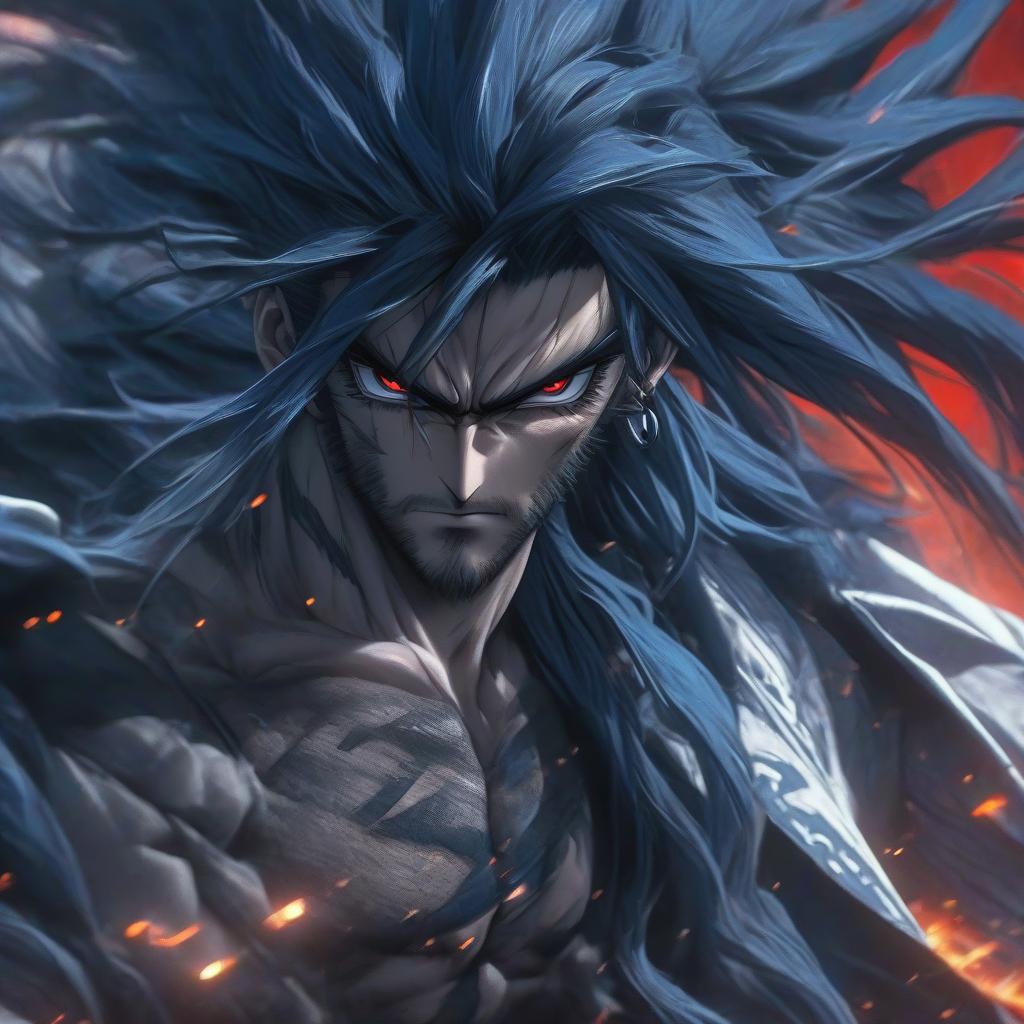  anime artwork A man with long dark blue hair and a blue part at the back. Sharp features, serious expression. Black scars on the cheeks. Red eyes. . anime style, key visual, vibrant, studio anime, highly detailed hyperrealistic, full body, detailed clothing, highly detailed, cinematic lighting, stunningly beautiful, intricate, sharp focus, f/1. 8, 85mm, (centered image composition), (professionally color graded), ((bright soft diffused light)), volumetric fog, trending on instagram, trending on tumblr, HDR 4K, 8K