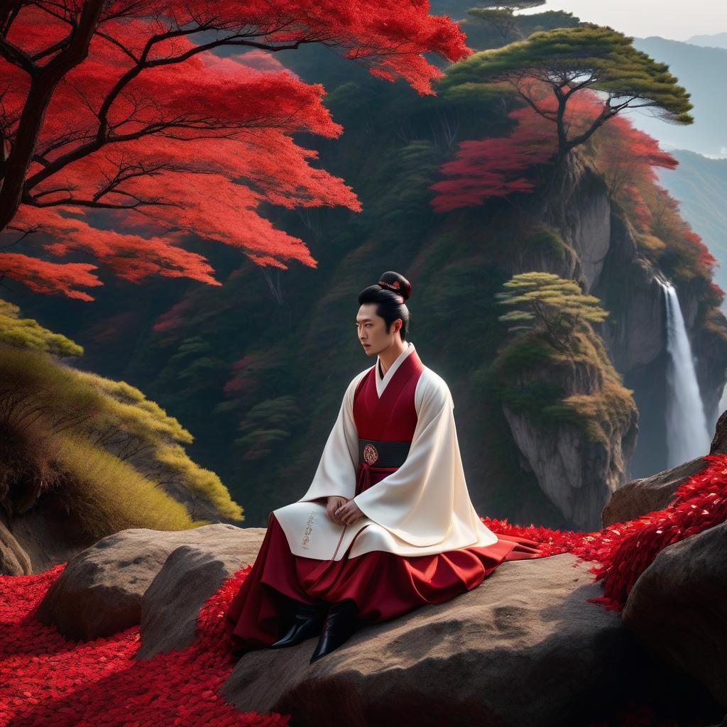  Lee Dong wook In the role of kumiho, a beautiful clearing on the edge of a cliff, sitting under a large tree with red leaves, high detail with a resolution of 10k hyperrealistic, full body, detailed clothing, highly detailed, cinematic lighting, stunningly beautiful, intricate, sharp focus, f/1. 8, 85mm, (centered image composition), (professionally color graded), ((bright soft diffused light)), volumetric fog, trending on instagram, trending on tumblr, HDR 4K, 8K