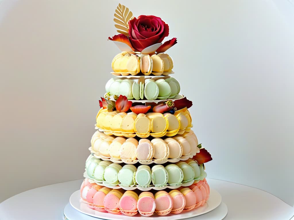  A closeup, ultradetailed image of a beautifully crafted macaron tower, showcasing a gradient of pastel colors and delicate gold leaf accents, set against a clean, white background. Each macaron is perfectly shaped and textured, exuding elegance and precision. The tower is expertly constructed, with each layer aligning flawlessly to create a visually stunning centerpiece that embodies sophistication and artistry in pastry design. hyperrealistic, full body, detailed clothing, highly detailed, cinematic lighting, stunningly beautiful, intricate, sharp focus, f/1. 8, 85mm, (centered image composition), (professionally color graded), ((bright soft diffused light)), volumetric fog, trending on instagram, trending on tumblr, HDR 4K, 8K