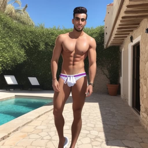  full body picture of a lean young mediterranean man almost naked standing