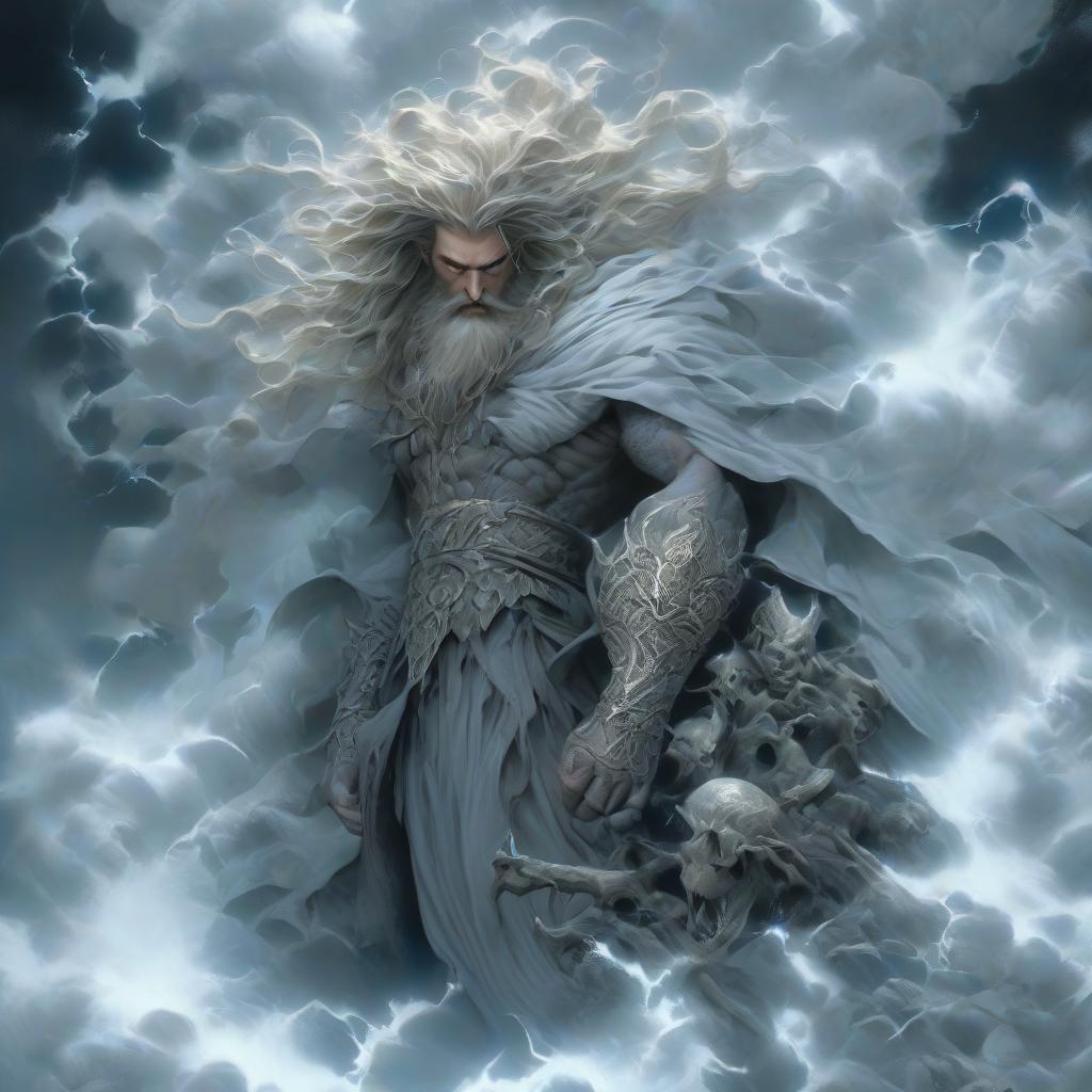  horror themed Elemental of air, spirit of air, muscular blond, beard, Nordic features, in silver ornaments at the center of the storm, hair blown by the wind, strong wind, mysticism, fantasy, . eerie, unsettling, dark, spooky, suspenseful, grim, highly detailed hyperrealistic, full body, detailed clothing, highly detailed, cinematic lighting, stunningly beautiful, intricate, sharp focus, f/1. 8, 85mm, (centered image composition), (professionally color graded), ((bright soft diffused light)), volumetric fog, trending on instagram, trending on tumblr, HDR 4K, 8K