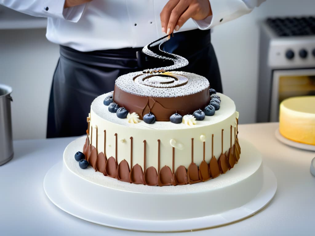  A photorealistic image of a professional pastry chef meticulously crafting an intricate multilayered cake in a pristine, welllit kitchen studio. The chef, dressed in a white chef's jacket and black apron, is focused and precise as they delicately pipe intricate details onto the cake with precision. Surrounding them are highquality kitchen tools and ingredients neatly organized on sleek countertops, emphasizing the artistry and skill involved in advanced pastry making. The image captures the essence of expertise and dedication required for mastering the art of pastry, appealing to experienced chefs seeking inspiration from the best in the field. hyperrealistic, full body, detailed clothing, highly detailed, cinematic lighting, stunningly beautiful, intricate, sharp focus, f/1. 8, 85mm, (centered image composition), (professionally color graded), ((bright soft diffused light)), volumetric fog, trending on instagram, trending on tumblr, HDR 4K, 8K