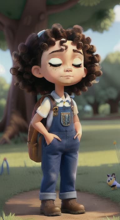  {Riley standing under the tree with eyes closed, making the wish., Riley, a curious with big brown eyes and curly hair, wearing overalls and carrying a small backpack. Their friend, Skye, a bluebird with shiny feathers.