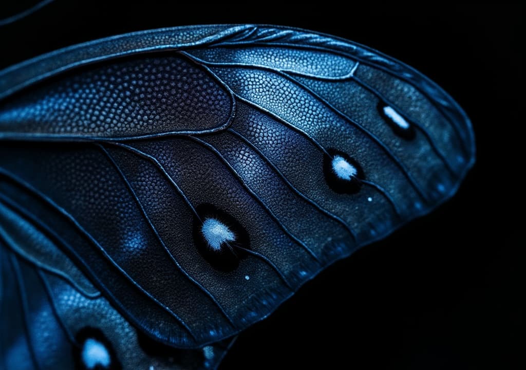  good quality, high quality, intricate close up of a butterfly wing: textured blue and black patterns with eye like markings