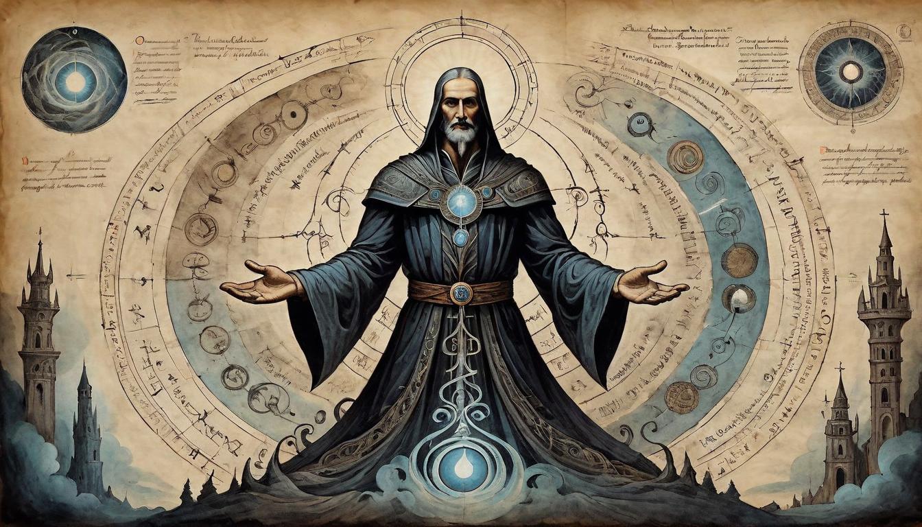  on parchment, surrealism+++, A towering architect figure, central in a swirl of dark and light energies, figure’s hands outstretched, energy paths flowing from hands, intricate designs and symbols, creative, powerful(mysterious, provocative, symbolic,muted color)+++