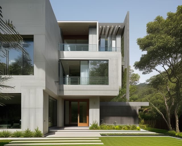  A sleek and contemporary villa with clean lines and geometric shapes stands proudly against a backdrop of lush greenery and rolling hills. The facade is clad in a mix of sleek glass panels and textured concrete, with pops of bright colors adding a playful touch. The windows are floor to ceiling, allowing natural light to flood the interior and creating a seamless connection between the indoors and outdoors. The villa's modern materials, such as polished stone and brushed metal, are chosen for their durability and sustainability, while the surrounding landscape is carefully curated to complement the building's design. The overall effect is a harmonious blend of architecture and nature, creating a serene and inviting oasis in the