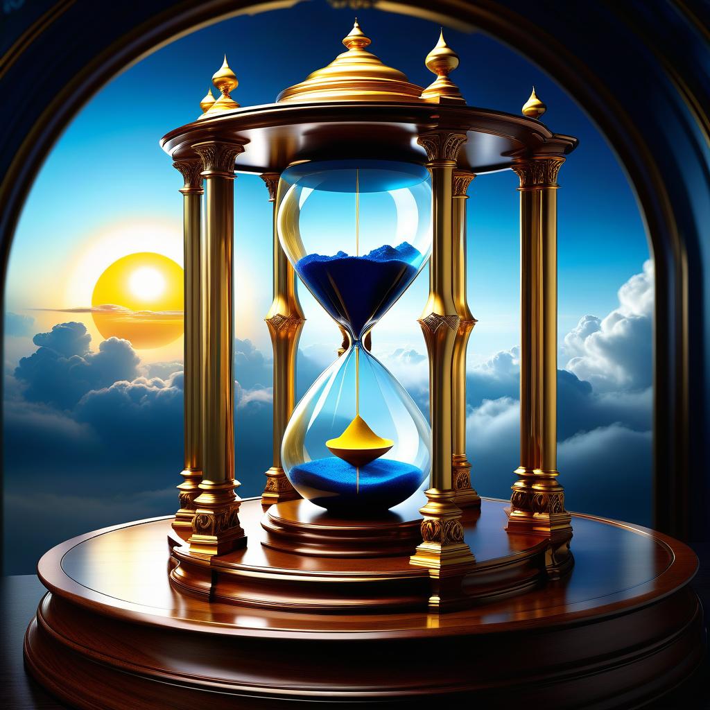  ethereal fantasy concept art of (Fancy hourglass). clock design: wooden carved case lacquered. Bowls of transparent glass. Inside the top bowl of the clock the rising sun is displayed. Around the sun is a blue sky and white, golden pink clouds. (Inside the lower bowl of the clock): night, dark blue sky with a bright yellow month with a silvery cast. Beneath the sky are mountains covered with blue white snow, shimmering with different colours of the rainbow. Background: gradient: in the lower part of the background the structure of sand. In the upper part of the background perispherical clouds in the blue sky. Style: romantic fantasy. . magnificent, celestial, ethereal, painterly, epic, majestic, magical, fantasy art, cover art, dreamy hyperrealistic, full body, detailed clothing, highly detailed, cinematic lighting, stunningly beautiful, intricate, sharp focus, f/1. 8, 85mm, (centered image composition), (professionally color graded), ((bright soft diffused light)), volumetric fog, trending on instagram, trending on tumblr, HDR 4K, 8K