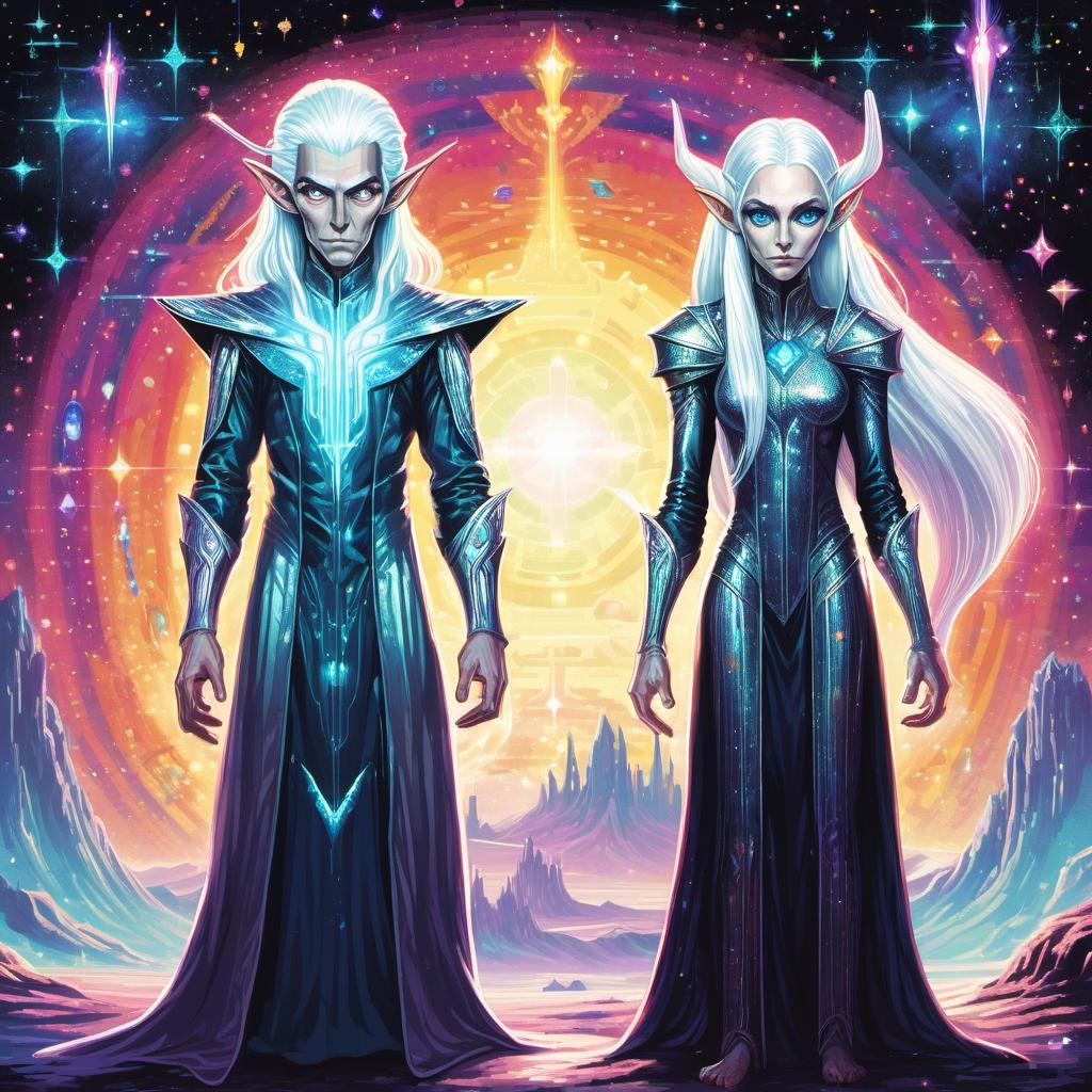  retro arcade style only two figures a  man and  woman, looking like aliens with white hair, long elven ears, looking like a crystalline life form humans, as if created from multi-colored gl and sparkling crystals, gl skin, rainbow eyes, wearing long futuristic robes, comic books style  --e sdxlceshi . 8-bit, pixelated, vint, clic video game, old  gaming, reminiscent of 80s and 90s arcade games