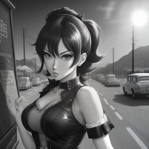  painting style of the 50s, cartoon comic, Stan Lee, rockabilly, psychobilly, woman's convertible, brutality, road, road signs, desert, motel, women, men, company, signpost, sun, sky, (Manga Style, Yusuke Murata, Satoshi Kon, Ken Sugimori, Hiromu Arakawa), Pencil drawing, (B&W:1.2), Low detail, sketch, concept art, Anime style, line art, webtoon, manhua, chalk, hand drawn, defined lines, simple shades, simplistic, manga page, minimalistic, High contrast, Precision artwork, Linear compositions, Scalable artwork, Digital art, High Contrast Shadows hyperrealistic, full body, detailed clothing, highly detailed, cinematic lighting, stunningly beautiful, intricate, sharp focus, f/1. 8, 85mm, (centered image composition), (professionally color graded), ((bright soft diffused light)), volumetric fog, trending on instagram, trending on tumblr, HDR 4K, 8K