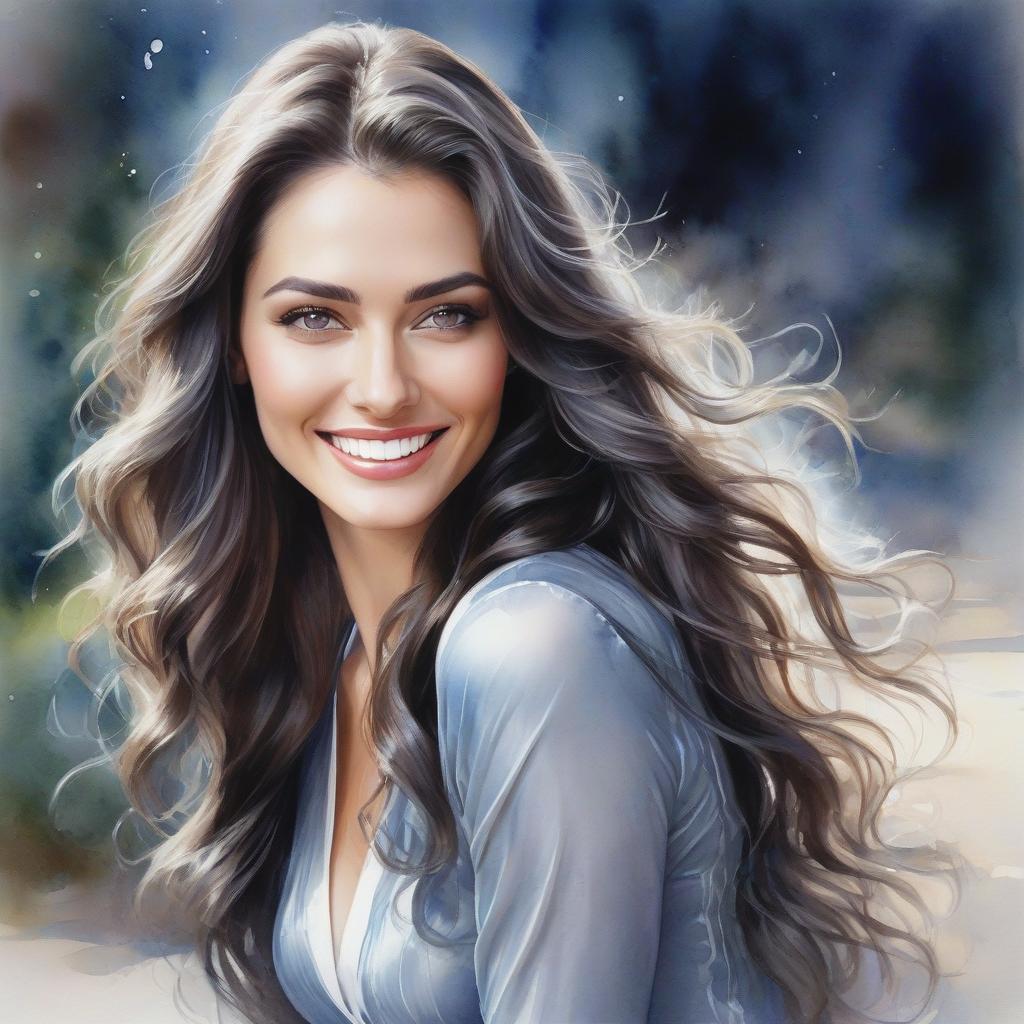  portrait of a smiling young woman with long dark wavy hair with a silvery sheen, perfect face, expressive eyes. Fantasy is realistically beautiful, watercolor hyperrealistic, full body, detailed clothing, highly detailed, cinematic lighting, stunningly beautiful, intricate, sharp focus, f/1. 8, 85mm, (centered image composition), (professionally color graded), ((bright soft diffused light)), volumetric fog, trending on instagram, trending on tumblr, HDR 4K, 8K