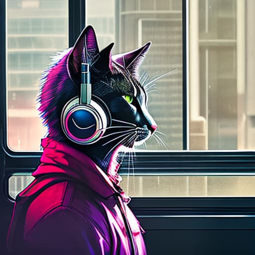 nvinkpunk Realistic image of a cat wearing headphones and reading glasses while riding a bus. hyperrealistic, full body, detailed clothing, highly detailed, cinematic lighting, stunningly beautiful, intricate, sharp focus, f/1. 8, 85mm, (centered image composition), (professionally color graded), ((bright soft diffused light)), volumetric fog, trending on instagram, trending on tumblr, HDR 4K, 8K