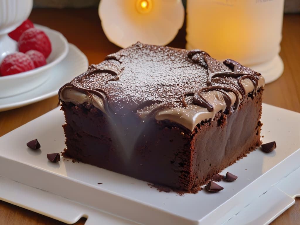  A closeup, ultradetailed image of a gooey, fudgy brownie being pulled apart, showcasing its moist and rich texture. The brownie is topped with a sprinkle of cocoa powder, with small crumbs scattered around it on a sleek, minimalist plate. The image captures the glossy sheen on the surface of the brownie, highlighting its indulgent and decadent appeal. hyperrealistic, full body, detailed clothing, highly detailed, cinematic lighting, stunningly beautiful, intricate, sharp focus, f/1. 8, 85mm, (centered image composition), (professionally color graded), ((bright soft diffused light)), volumetric fog, trending on instagram, trending on tumblr, HDR 4K, 8K