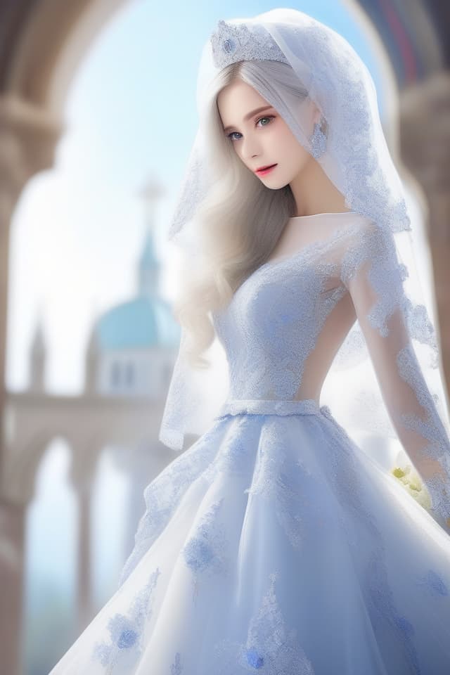  (Knee length wedding dress) (silver haired blue eyed), (church) in Wedding Dress, Masterpiece, (Face in Profile) (Beautiful Silver Hair) TH DRESS WITH BLUE EMBROIDERY On White Fabric) (Long Transparent Veil) High Quality, 8k