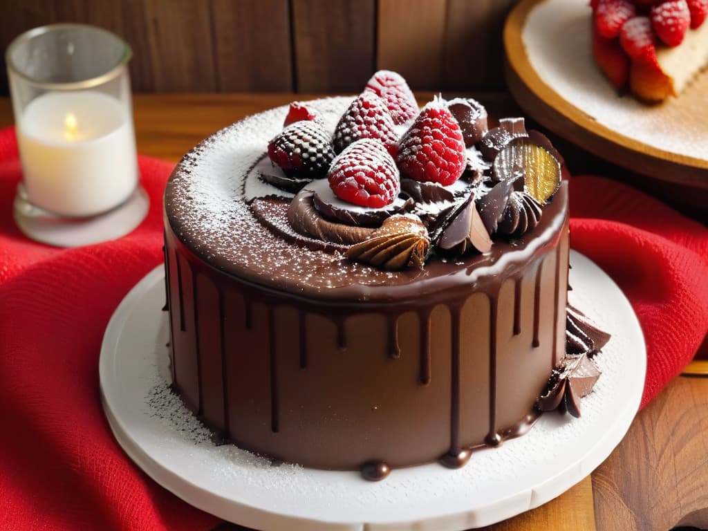  A closeup, ultradetailed image of a decadent chocolate coconut cake with glossy ganache dripping down the sides, topped with toasted coconut flakes and fresh raspberries. The cake sits on a rustic wooden table, surrounded by scattered cocoa powder and coconut shells, creating a visually striking and mouthwatering composition. hyperrealistic, full body, detailed clothing, highly detailed, cinematic lighting, stunningly beautiful, intricate, sharp focus, f/1. 8, 85mm, (centered image composition), (professionally color graded), ((bright soft diffused light)), volumetric fog, trending on instagram, trending on tumblr, HDR 4K, 8K