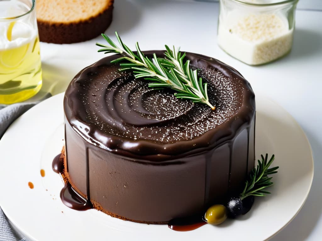  A closeup, ultradetailed image of a decadent chocolate olive oil cake topped with a delicate drizzle of olive oil glaze, garnished with fresh rosemary sprigs and a sprinkle of sea salt on a sleek, modern white plate. The cake is rich and moist, with a glossy finish that highlights the use of olive oil in this contemporary dessert. The minimalistic presentation allows the viewer to focus on the luxurious texture and flavors of this innovative sweet treat. hyperrealistic, full body, detailed clothing, highly detailed, cinematic lighting, stunningly beautiful, intricate, sharp focus, f/1. 8, 85mm, (centered image composition), (professionally color graded), ((bright soft diffused light)), volumetric fog, trending on instagram, trending on tumblr, HDR 4K, 8K