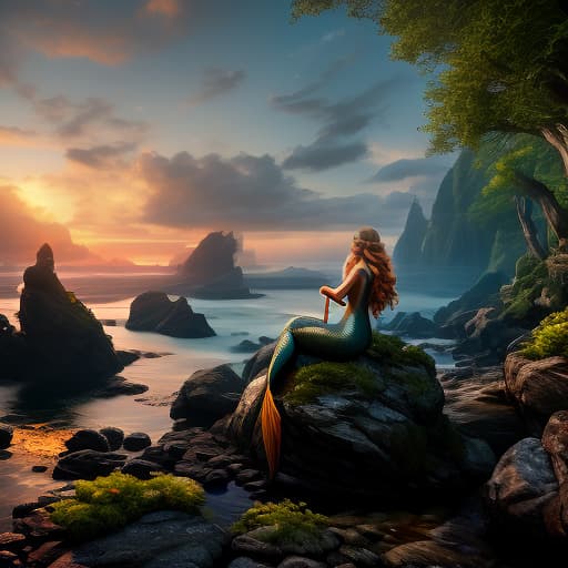  A mermaid sits on the rocks and gazes upon the setting ship, a gloomy fantasy. hyperrealistic, full body, detailed clothing, highly detailed, cinematic lighting, stunningly beautiful, intricate, sharp focus, f/1. 8, 85mm, (centered image composition), (professionally color graded), ((bright soft diffused light)), volumetric fog, trending on instagram, trending on tumblr, HDR 4K, 8K