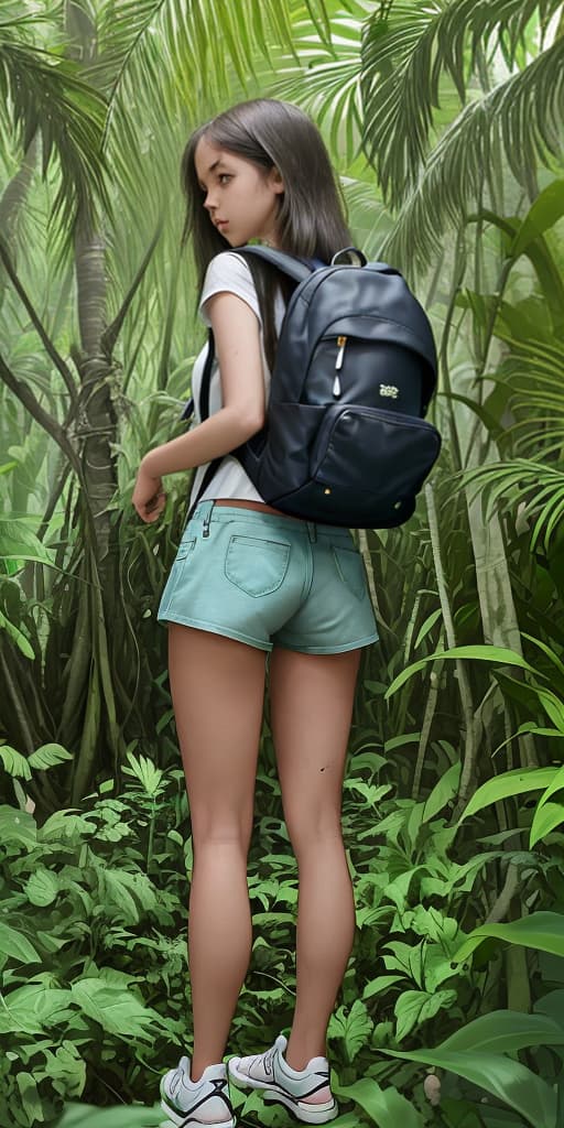  girl-in the jungle, in shorts, with a backpack