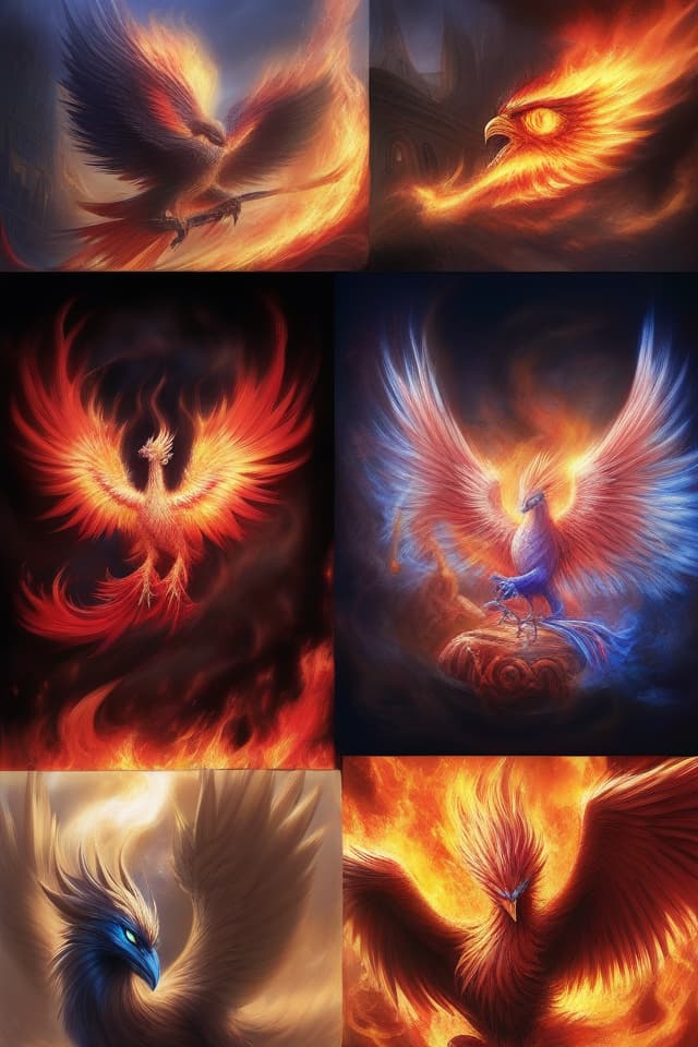  Masterpieces, Phenix, red flames and blue flames, burning, sharp eyes, labyrinth