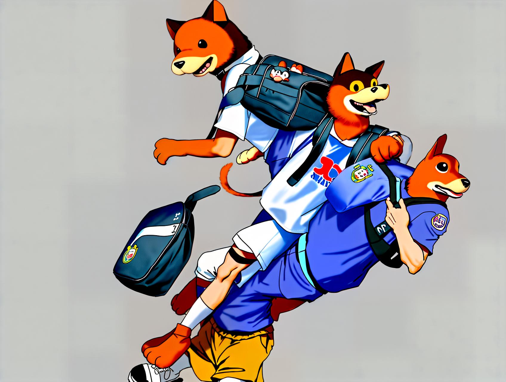 mascot, best quality, an animal mascot, wearing a short-sleeved T-shirt with the number 10 on it, carrying a schoolbag