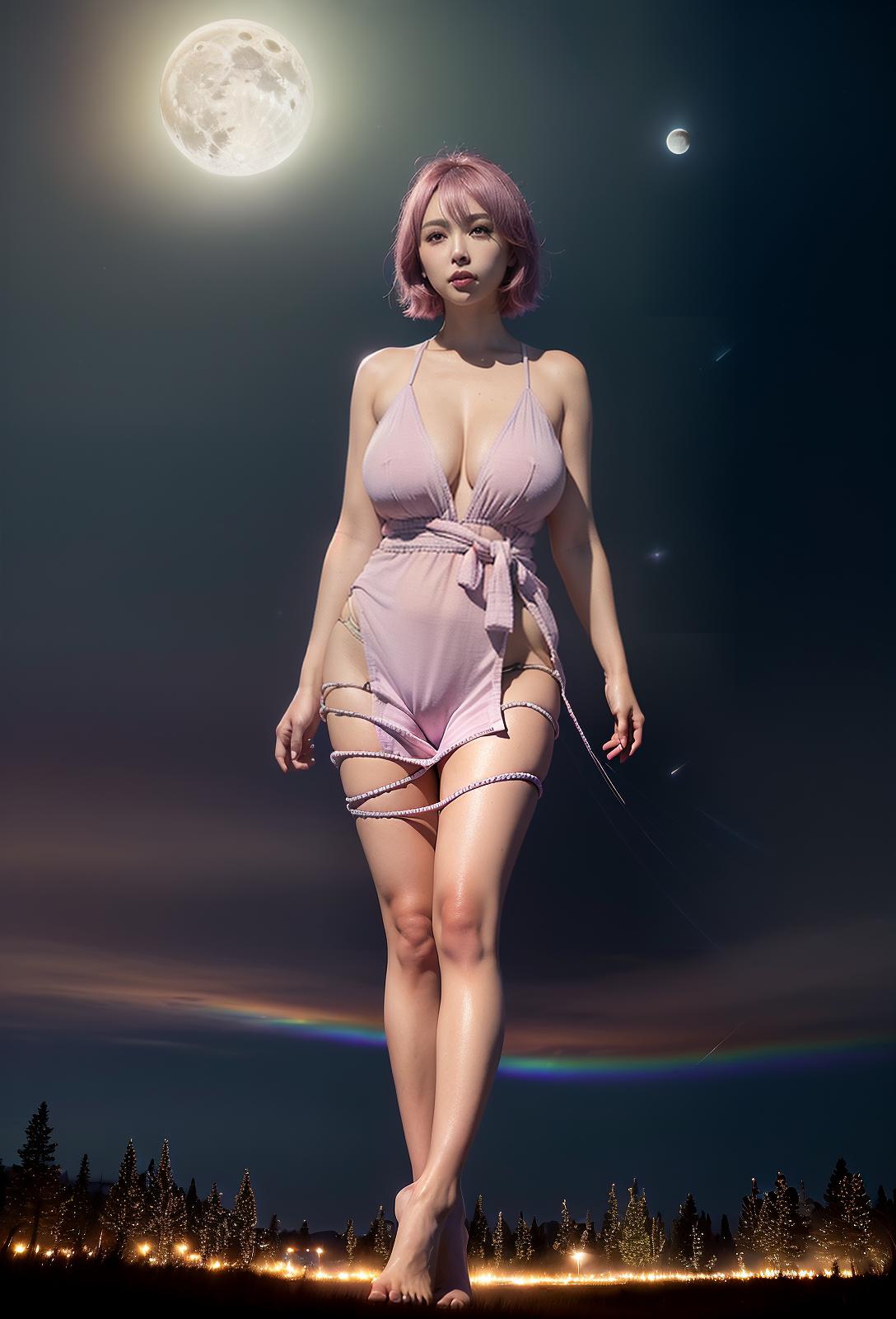  Highest quality, 4K, high resolution, realistic, night sky, moon, star, beautiful woman, full time smile, big eyes, plump breasts, constricted waist, style outstanding ankle, wide landscape photo, berry short , Light pink hair, (seen from below, the sky is above, and the open field is below), (full moon: 1.2), (Meteor: 0.9), (Nebula : 1.3), distant mountains, trees destroy art, (warm light: 1.2), (fireflies: 1.2), light, purple and orange, complex details, volumetric lighting break (masterpiece: 1.2), (( Maximum quality), 4K, super detail, (dynamic configuration: 1.4), rich colors, (rainbow color: 1.2), (shine, lighting with atmosphere), dreamy, magic, (alone : 1.2), (Masterpiece, BestQuality:1.3), (ultra detailed:1.2), (hyperrealistic:1.