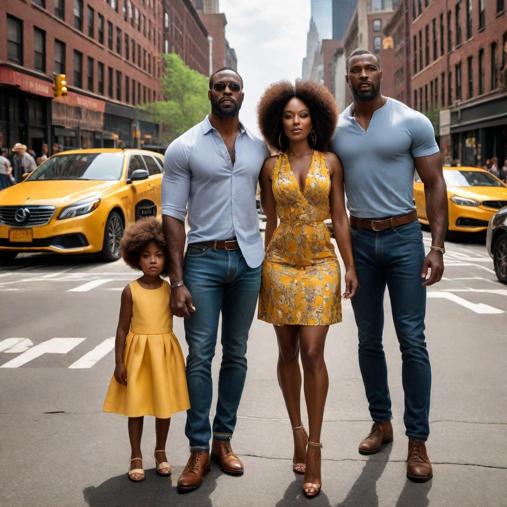  African-American family in New York City, showcasing the concept of 'Raised by a village'. The image should depict the strong sense of community and support with various neighbors and friends participating in the upbringing of a child. The surroundings should be an urban New York City environment. hyperrealistic, full body, detailed clothing, highly detailed, cinematic lighting, stunningly beautiful, intricate, sharp focus, f/1. 8, 85mm, (centered image composition), (professionally color graded), ((bright soft diffused light)), volumetric fog, trending on instagram, trending on tumblr, HDR 4K, 8K