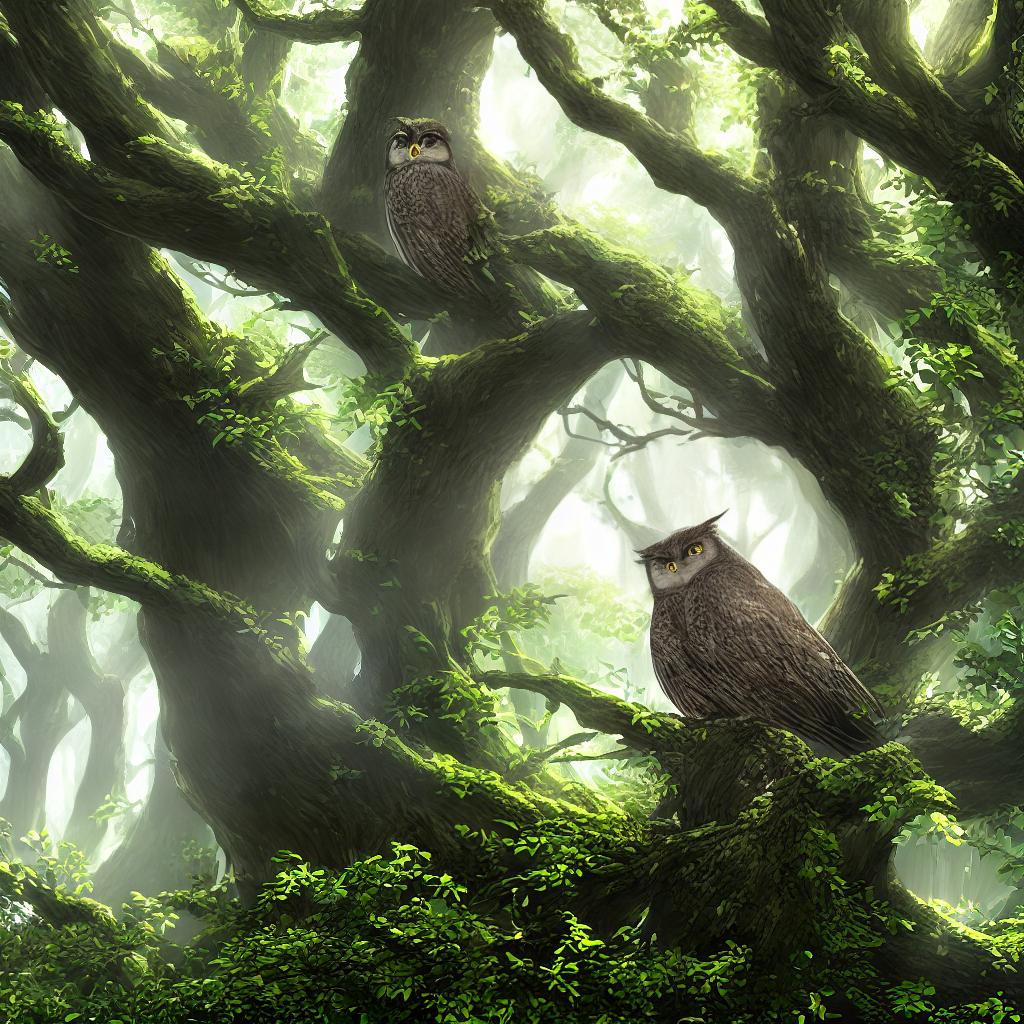  ((masterpiece)),(((best quality))), 8k, high detailed, ultra-detailed. A cute cartoon style owl occupies 70% of the image. The owl has big round eyes, fluffy feathers, and a small beak. The owl is perched on a tree branch in a forest. Sunlight filters through the leaves, creating a dappled effect on the owl's feathers. The background is filled with vibrant green foliage and colorful flowers. The owl's feathers are a mix of shades of brown and white, giving it a soft and appearance. hyperrealistic, full body, detailed clothing, highly detailed, cinematic lighting, stunningly beautiful, intricate, sharp focus, f/1. 8, 85mm, (centered image composition), (professionally color graded), ((bright soft diffused light)), volumetric fog, trending on instagram, trending on tumblr, HDR 4K, 8K