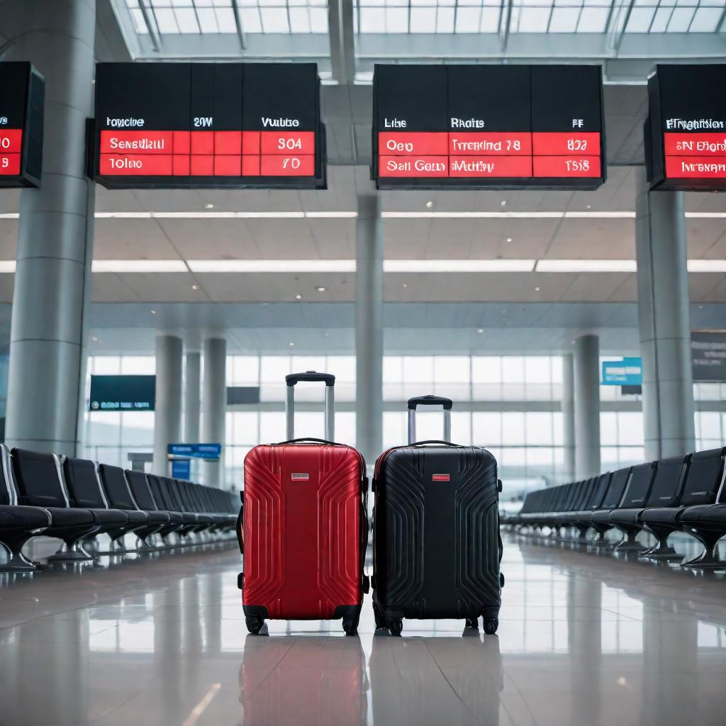  A pile of luggage stacked together in an airport. All the suitcases are black except for one large red suitcase that stands out. The red suitcase has a name tag with the name hyperrealistic, full body, detailed clothing, highly detailed, cinematic lighting, stunningly beautiful, intricate, sharp focus, f/1. 8, 85mm, (centered image composition), (professionally color graded), ((bright soft diffused light)), volumetric fog, trending on instagram, trending on tumblr, HDR 4K, 8K